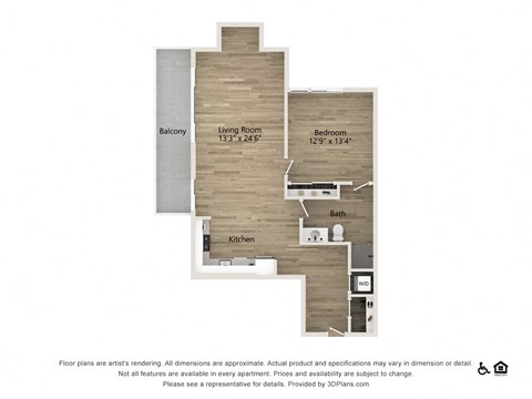 Floor plan for 1 bed, 1 bath, 1053 sqft